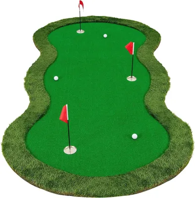 Immagine prodotto di Tappetino da golf - Tappetino da allenamento - 300 cm - Erba sintetica - 3 buche e coppe - 3 bandiere - Pieghevole - Palline da golf incluse - Verde