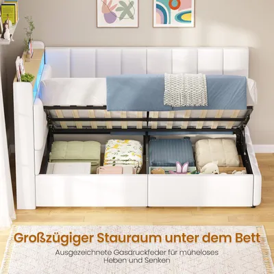Produktbild von AODEMOKO Jugendbett mit LED Beleuchtung, Polsterbett mit Ladestation, Bettgestell mit Bettkasten für Schlafzimmer, Gästezimmer, 90 x 200cm, Polyurethan Weiß
