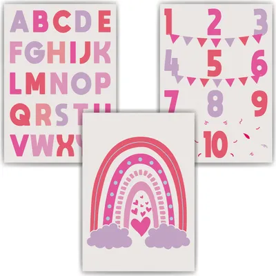 Produktbild von ABC Zahlen Kinderposter 3er Set Lernposter Alphabet | Mädchen Kinderzimmer Wandbilder Kindergarten Grundschule Lernhilfe für Kinder – DIN A3 (29.7x42cm)