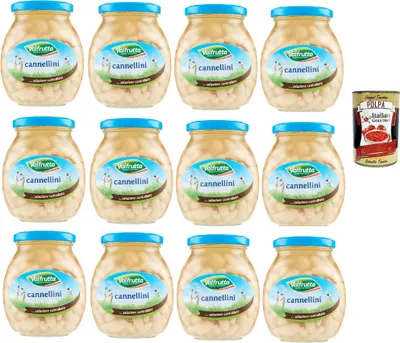 Produktbild von Valfrutta Fagioli Cannellini Italiani,Italienische Cannellini- Bohnen, Hülsenfrücht Gemüse Dampfgaren, Glas, 12x360g + Italian Gourmet Polpa di Pomodoro 400g Dose