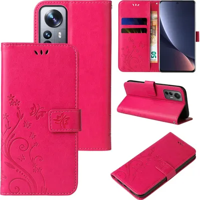 Produktbild von Handyhülle für Xiaomi 12 Pro Floral Blumen Schmetterling Flip Cover Hülle Case Klapphülle Handytasche Farbe: Pink