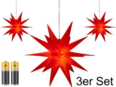 Three red star-shaped lights are displayed against a white background, with two batteries and text indicating '3er Set' at the bottom.