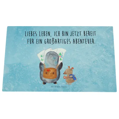 Produktbild von Mr. & Mrs. Panda Schneidebrett Glas Pinguin & Maus Wanderer - Eisblau - Geschenk, Aus, Schneidbrett, Ausflug, Hackbrett, Schneidplatte, Wandern, Abenteuer, Schneideplatte