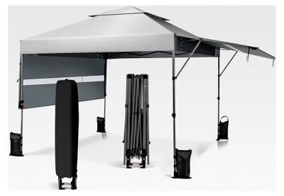 Produktbild von Faltpavillon mit zwei Markisen, Partyzelt mit Rolltasche, UV-Schutz 50+, 4 Sandsäcke, Pop-Up Pavillon, faltbares Gartenzelt, stabil und wasserdicht für den Garten, 3x3m (Weiß)