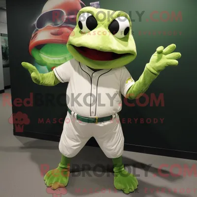 Obrázek produktu pro Postava REDBROKOLY maskota zelené žáby oblečená s baseballovým tričkem a chrániči nohou