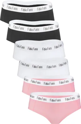 Produktbild von Fabio Farini - 6 Stück Damen Unterhosen - Frauen Hipster Panties aus elastischer Baumwolle im sportlich modernen Look mit Logo-Bund