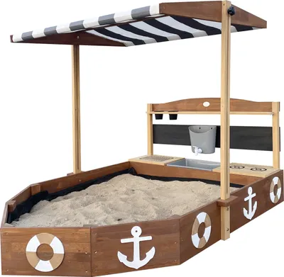 Produktbild von AXI Dora Sandkasten Boot / Schiff aus Holz | Sandkastenschiff in Anthrazit & Braun mit Spielküche, Kreidetafel und zwei Pflanzkästen | Sandkastenboot