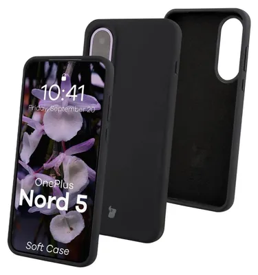 A black soft case for a OnePlus Nord 5 phone is shown, with the phone displaying a floral wallpaper and time.