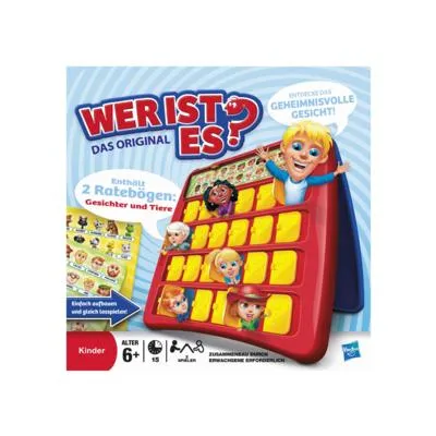 The image shows the box art for the board game 'Wer ist es?' (Who is it?). It features cartoon characters and the game board prominently.
