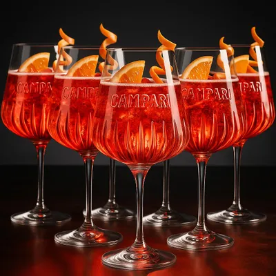 Six Campari glasses filled with a red cocktail and garnished with orange slices and twists, arranged on a dark surface.