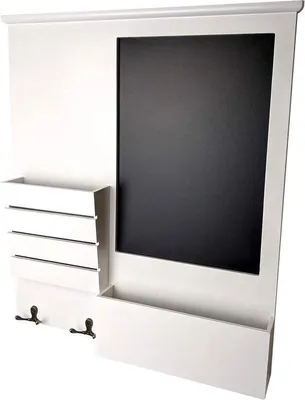 Image de Unyqoos® – Organisateur mural : étagère blanche avec tableau noir, étagères et crochets métalliques, en MDF, dimensions 46,5 x 6 x 52,5 cm – Panneau d'organisation pour le bureau et la maison