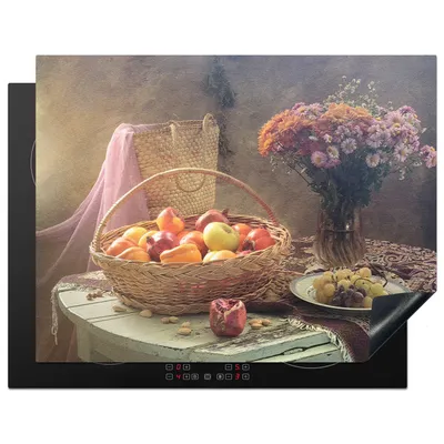 Produktbild von KitchenYeah© Herdabdeckplatte Stillleben - Malerei - Blumen - Obst - Äpfel - Trauben - Kunst , 77x59cm, Küche Deko, Glaskeramikkochfeld Herdabdeckung, Abdeckplatte fùr Kochfeld