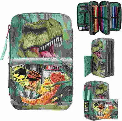 Produktbild von Federtasche Dino World DANGER 3-Fach, gefüllt mit 18 Bunt- und Filzstiften, 2 Bleistiften, Lineal,, Radierer, Anspitzer, Schere, Klebestift, Klett-Tasche,, Material: 100% Polyester