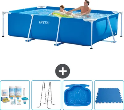 Produktbild von Intex-Schwimmbecken mit rechteckigem Rahmen – 260 x 160 x 65 cm – Blau – im Lieferumfang enthalten Wartungspaket - Leiter - Fußbad - Bodenfliesen