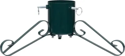 A dark green metal Christmas tree stand with four decorative legs, shown against a white background.
