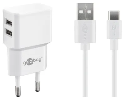 Produktbild von Goobay Netzteil mit 2x USB-Buchse & USB-C Lade- und Datenkabel Type C 1m Weiß