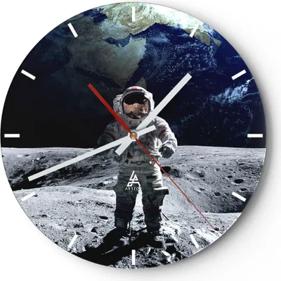 Produktbild von Wanduhr - Rund - Glasuhr - Astronaut Mond Erde Raum - 40x40cm - Schleichendes Uhrwerk - Lautlos - zum Aufhängen bereit - Dekoration Modern - Wanddekoration aus Glas - C3AR40x40-2864