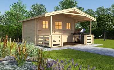 Produktbild von WEKA 110.3830.44.00 Premium Gartenhaus/Blockbohlenhaus Konstanz 1 Vordach/Terasse (200 cm/200cm)/Einzeltür/Einzelfenster ; Größe: 1 ; Farbgebung: Naturbelassen ; Wandstärke: 28 mm ; Maße (LxBxH): 500 cm x 380 cm x 262 cm ; Seitenwandhöhe: 210 cm
