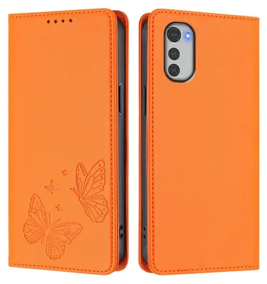 Produktbild von Lederhülle für Motorola Moto E32, Schmetterling Prägung Leder Brieftasche Schutzhülle mit Ständer Orange