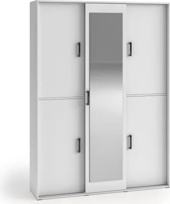 Produktbild von MR GROUP Garderobenschrank GRID 150cm Garderobe Spiegel Schlafzimmer Flur Mehrzweckschrank 3-türig Ablagen Dielenschrank Kleiderschrank Flurmöbel weiß