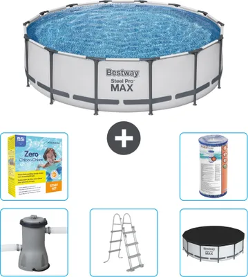 Produktbild von Bestway Round Steel Pro MAX Schwimmbad – 427 x 107 cm – Grau – inklusive Pumpe – Leiter – Abdeckung Wartungspaket - Filter