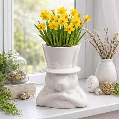 Produktbild von Eleganter Keramik Hase mit Hut – 25 cm – Weiß | Vorbestellung, lieferbar ab 31.01