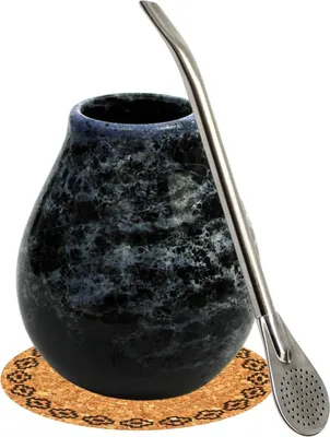 Obrázok produktu pre Súprava na čaj Yerba Mate s kalebasou ● Šálka na čaj Mate Marmol Blue 350 ml ● Keramický pohár ● Nerezová slamka Bombilla 19 cm