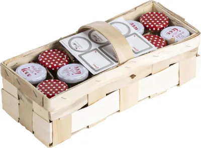 Obrázek produktu pro Sada na zavařování v dřevěném košíku, 13 kusů sklenic a nálepek na zavařování