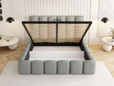 Obrázek produktu pro Čalouněná postel 180x200 s roštem a roštovým rámem - krémová Postel s vysokým čelem, bucle nebo sametová látka - moderní manželská postel s úložným prostorem - rám postele, bez matrace - Serenity - krémová