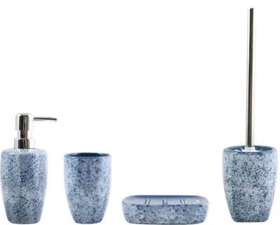 Immagine prodotto di Set da bagno MSV, 4 accessori da bagno in Vetroceramica Carrara, dispenser per sapone, scopino per WC, portasapone e bicchiere per spazzolini da denti blu