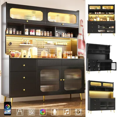Image de Meuble de rangement moderne avec éclairage LED, meuble haut pour cuisine et salon, armoire de rangement avec panneau perforé et étagères en verre, dimensions 145x39x171 cm, couleur noire