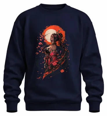 Obrázek produktu pro Mikina s potiskem "Japonská válečnice", styl anime/manga, motiv Sakura, estetika Y2K, pro fanoušky, tmavě modrá, velikost L