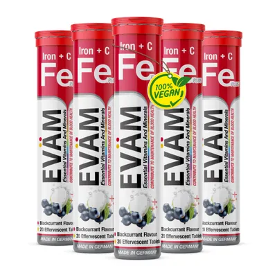 Produktbild von EVÄM Eisen + Vitamin C Brausetabletten, bei Müdigkeit & Ermüdung, Vegan, Zuckerfrei | schwarze Johannisbeere | 5x 20 Brausetabs Hergestellt in Germany