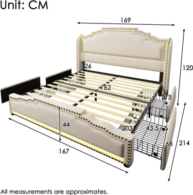 Immagine prodotto di Letto imbottito Sweiko 160×200, letto matrimoniale con 4 cassetti, letto contenitore e letto per ragazzi con rete a doghe, velluto, beige, senza materasso
