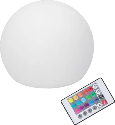 A white spherical LED lamp and a remote control with colored buttons are shown on a white background.