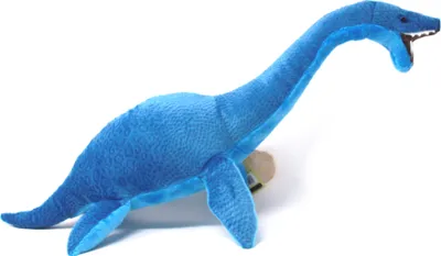 A plush toy of a plesiosaurus on a white background.