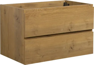 A wooden bathroom vanity cabinet with two drawers, shown from a front-side angle against a white background.