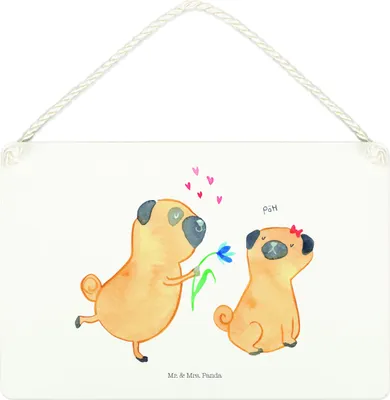 Produktbild von Mr. & Mrs. Panda Schild Mops Verliebt DIN A4 - Weiß - Geschenk, Liebe, Sprüche, kleine aufmerksamkeit, Holzschild, Hund, holzbild, Möpse, wandtafel, Knuffig, Türschild