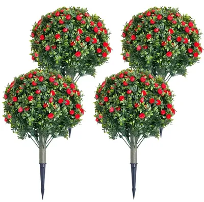 Immagine prodotto di Palla di bosso artificiale con rose - Pianta ornamentale artificiale - 60 cm - Set da 4 pezzi - Resistente ai raggi UV - Resistente alle intemperie - Colore: rosso - Con picchetto per il terreno