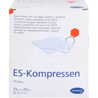 Imagen del producto de Compresas estériles Es, 7,5 x 7,5 cm, 8 unidades, paquete de 25 unidades