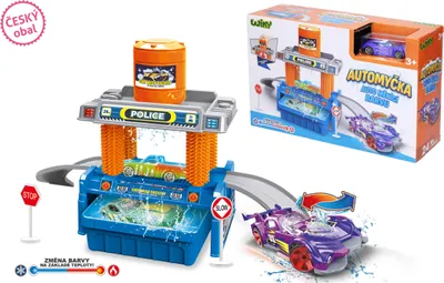 Produktbild von Autowaschanlage + farbwechselndes Plastikauto mit Zubehör in einer Schachtel (30 x 19 cm)
