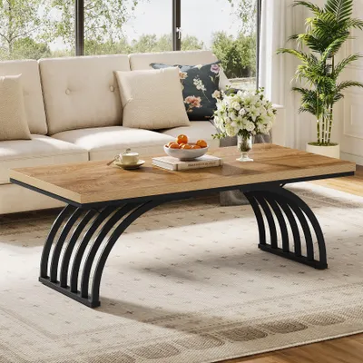 Produktbild von Tribesigns Couchtisch Holz, 120 cm rustikaler rechteckiger Teetisch mit Metallrahmenbeinen Wohnzimmer, Zuhause, einfache Montage, Braun und Schwarz