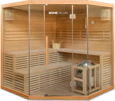 Produktbild von HOME DELUXE - Traditionelle Sauna - Skyline XL Big - 200 x 200 x 210 cm - für 2-6 Personen, Hemlocktanne, inkl. Saunaofen, Saunazubehör I Dampfsauna Aufgusssauna Finnische SaunaSauna