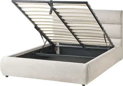 Produktbild von BELIANI Bett Hellgrau Stoffbezug Leinenoptik Gesteppt mit Bettkasten Lattenrost 140x200 cm Hochklappbar Hohes Kopfteil Modern Doppelbett Polsterbett