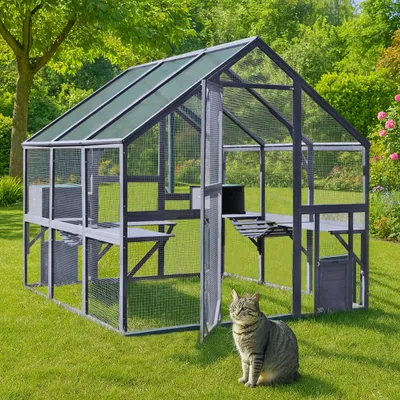 Image de Wiltec Enclos extérieur pour chats 210 x 187 x 187 cm Catio Bois Sapin Toit avec Bâche imperméable Plusieurs plateformes Abri Jardin Balcon Jeux Parc Habitat Cage Animaux domestiques Activité féline