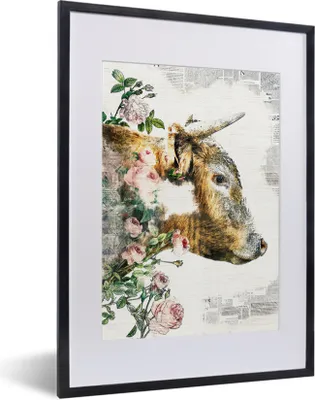 Produktbild von MuchoWow® MuchoWow® Gerahmtes Poster Schottische Hochlandrind - Blumen - Rosen 30x40 cm - Poster mit zchwarzem Bilderrahmen - Wandposter Schlafzimmer