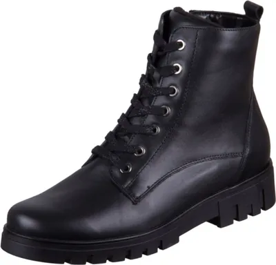 A black leather lace-up boot on a white background.