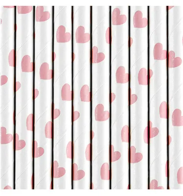 Produktbild von Papierstrohhalme mit Herzen 19cm weiß rosa 10er Set
