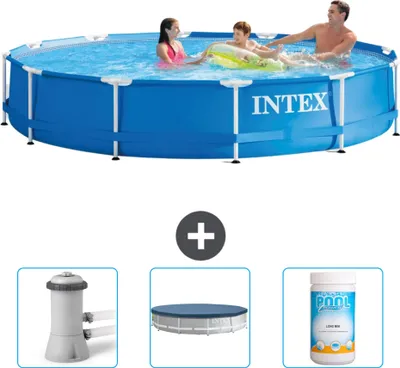 Produktbild von Intex-Schwimmbecken mit rundem Rahmen – 366 x 76 cm – Blau – im Lieferumfang enthalten Filterpumpe für Schwimmbad - Abdeckung - Chlor
