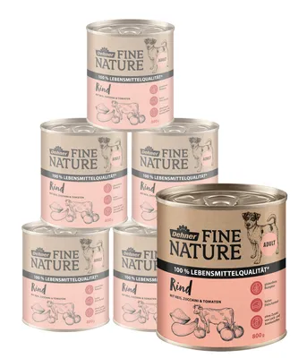 Produktbild von Dehner Fine Nature Hundefutter, Nassfutter in Lebensmittelqualität, für ausgewachsene Hunde, Rind, 6 x 800 g Dose (4.8 kg)